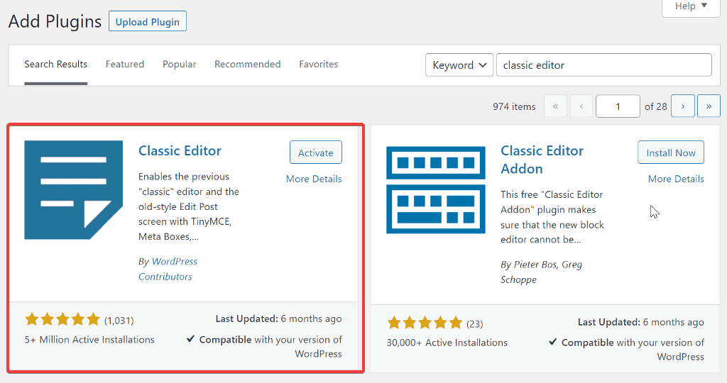 Activate plugin classic editor