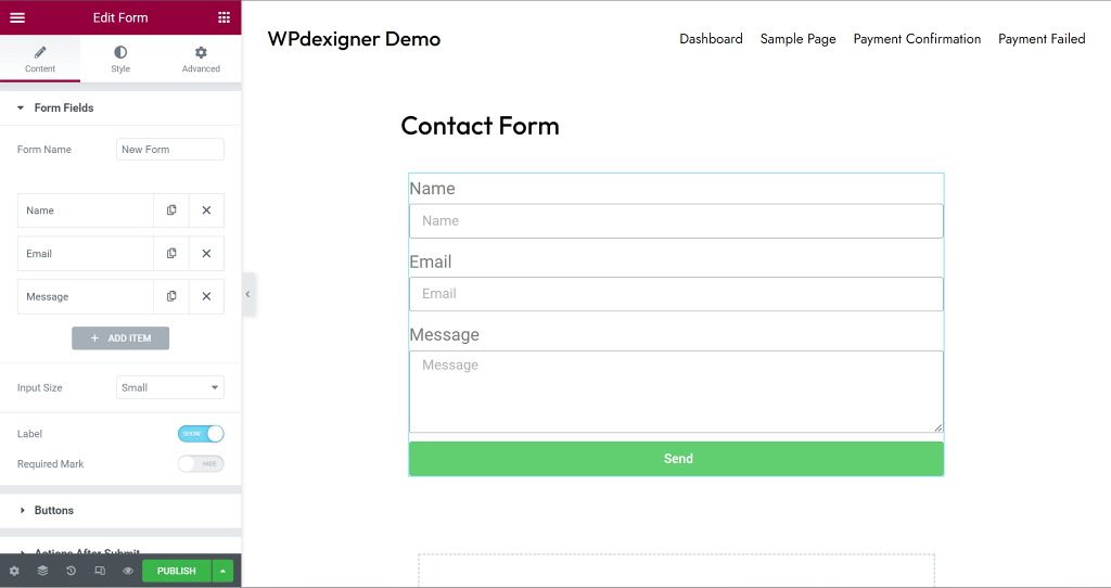 Elementor contact form in editor