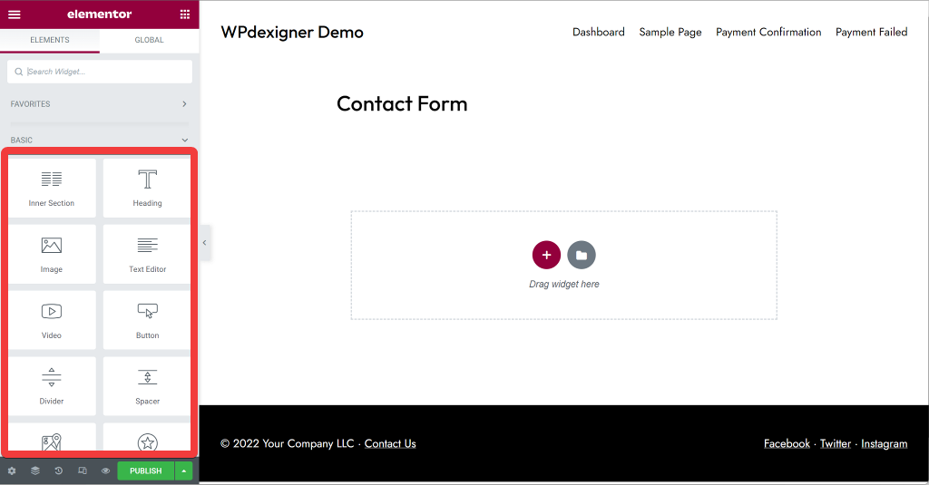 Elementor editor with widgets panel on the left