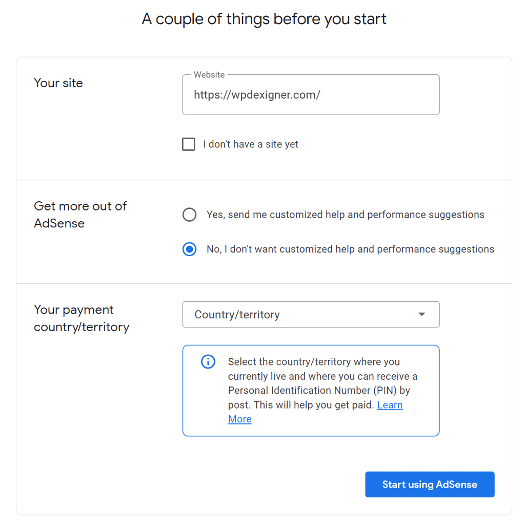 Enter your website information to apply for AdSense
