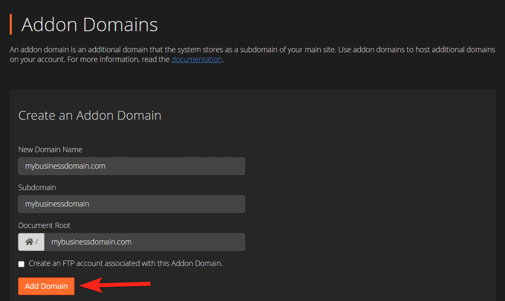 Fill in the detail of the addon domain to add to your cpanel account