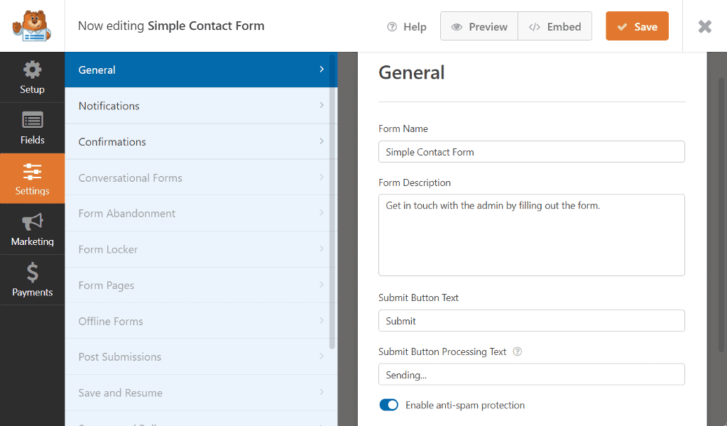 General Settings WPForms