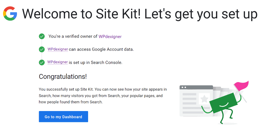 Google Site Kit setup wizard completed
