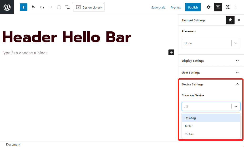 Kadence Element device settings