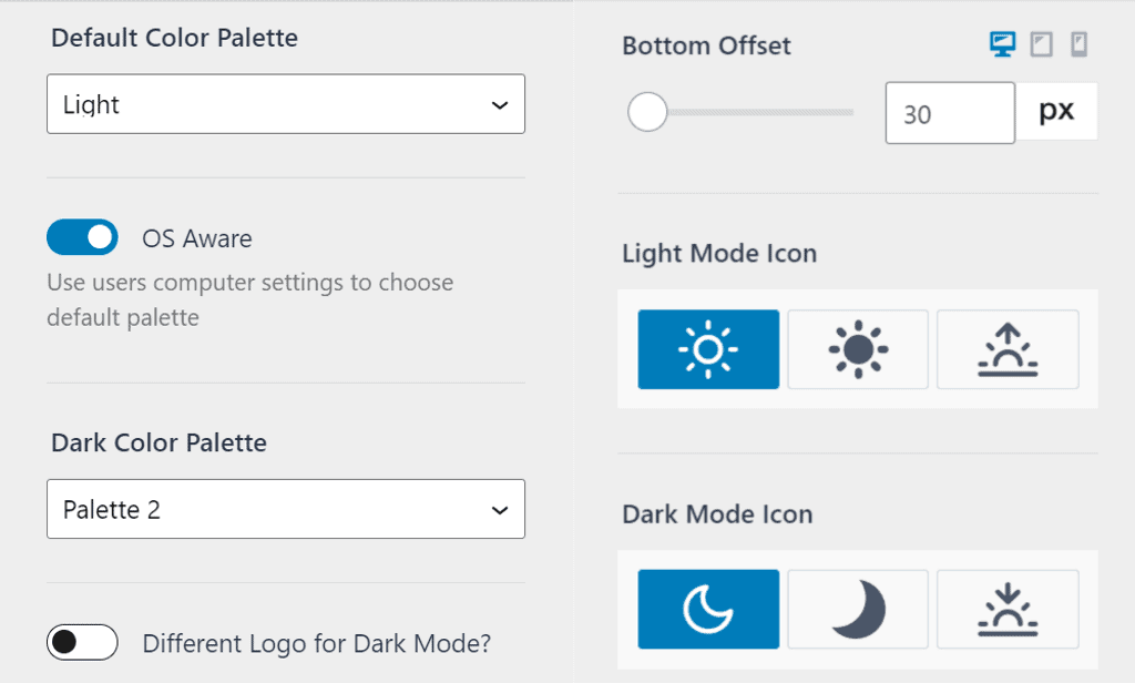 Kadence dark mode option in customizer