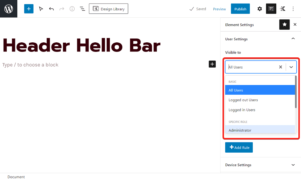 Kadence element user settings