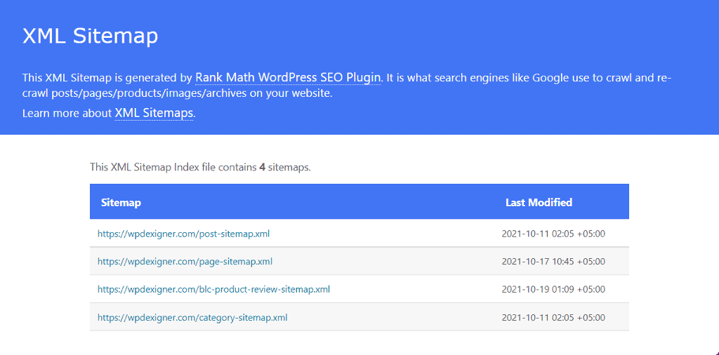 Rank Math XML sitemap