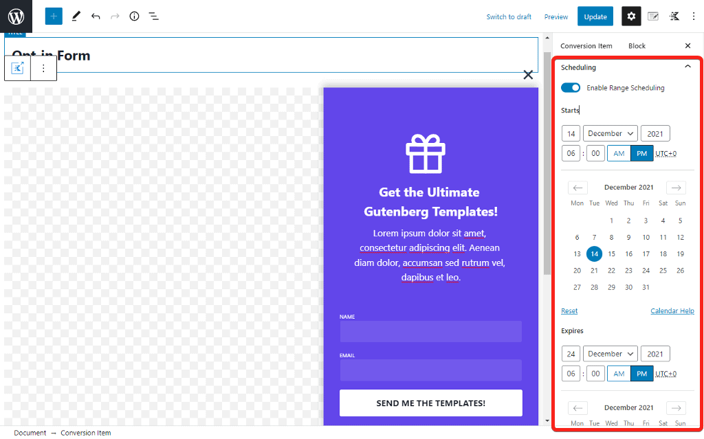 Schedule popups between two dates