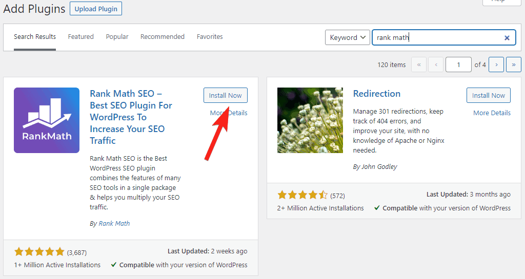 Search and install rank math seo plugin
