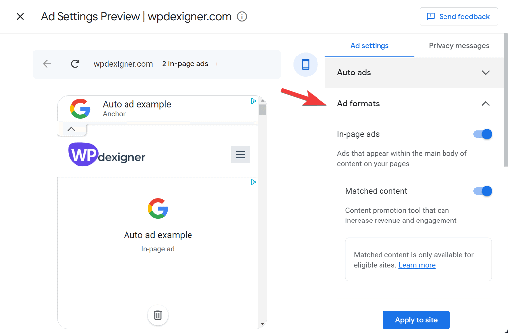 Select the ad format you want to display