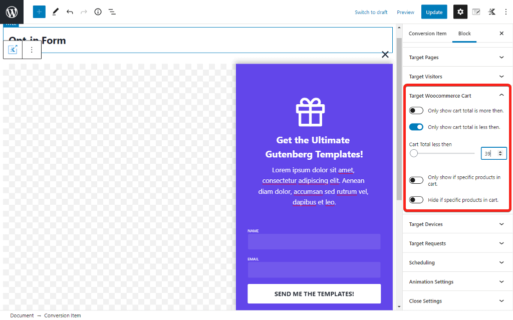 Show popup only when the cart amount is less than specified amount