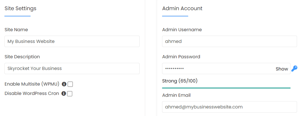 Site settings and admin account