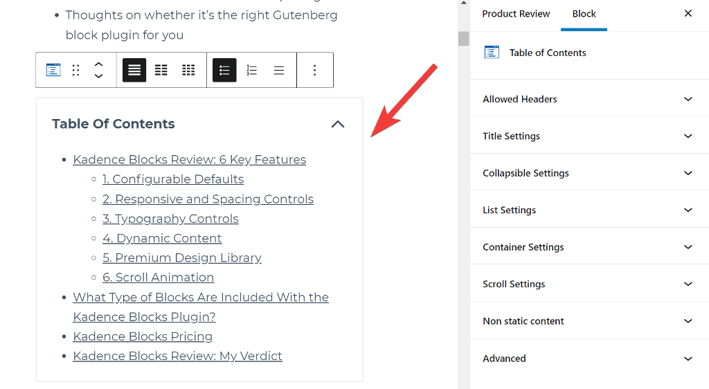 Table of content Kadence Blocks