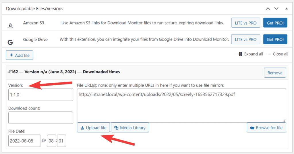 Upload file with version numnber to Download Monitor