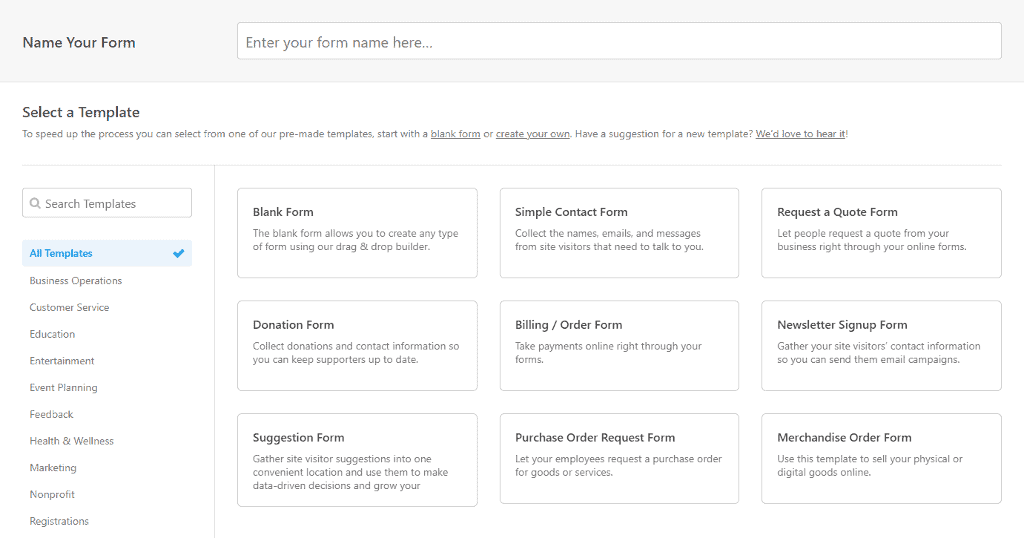 WPForms form templates