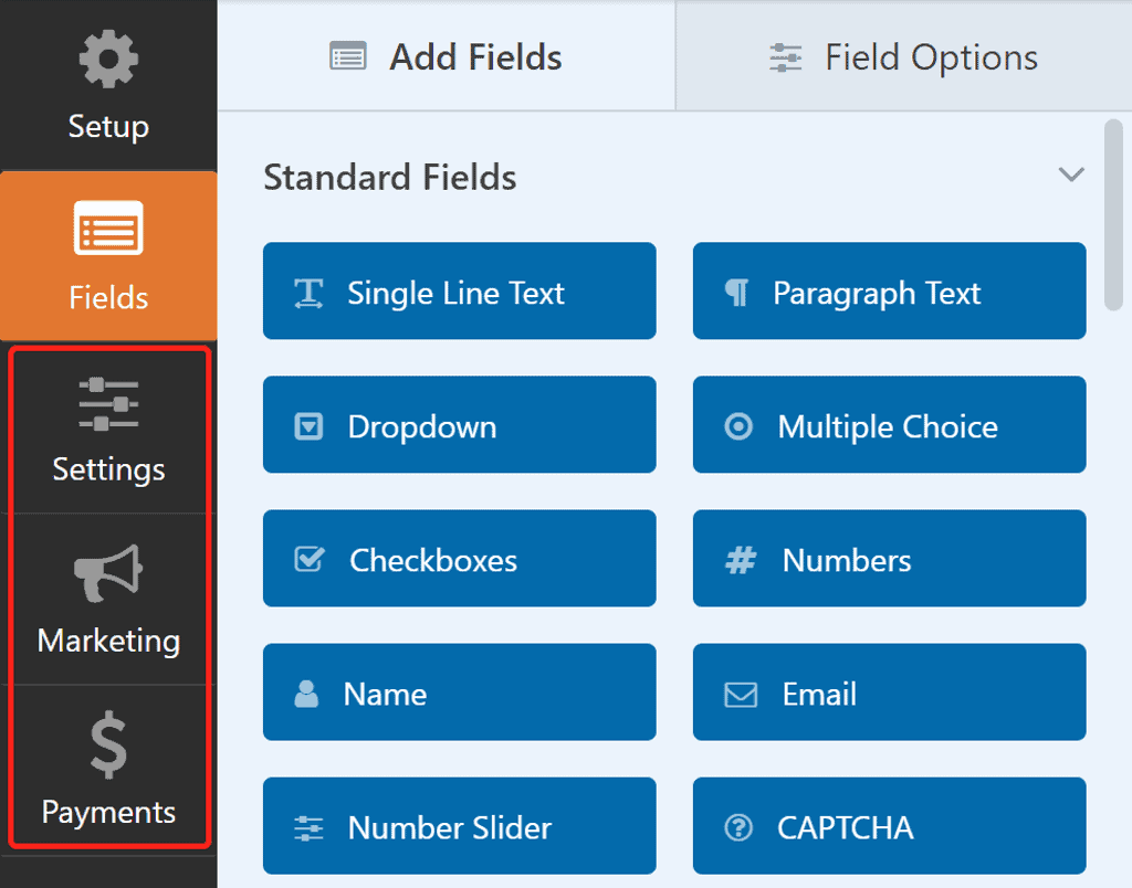 WPForms left panel to switch to settings