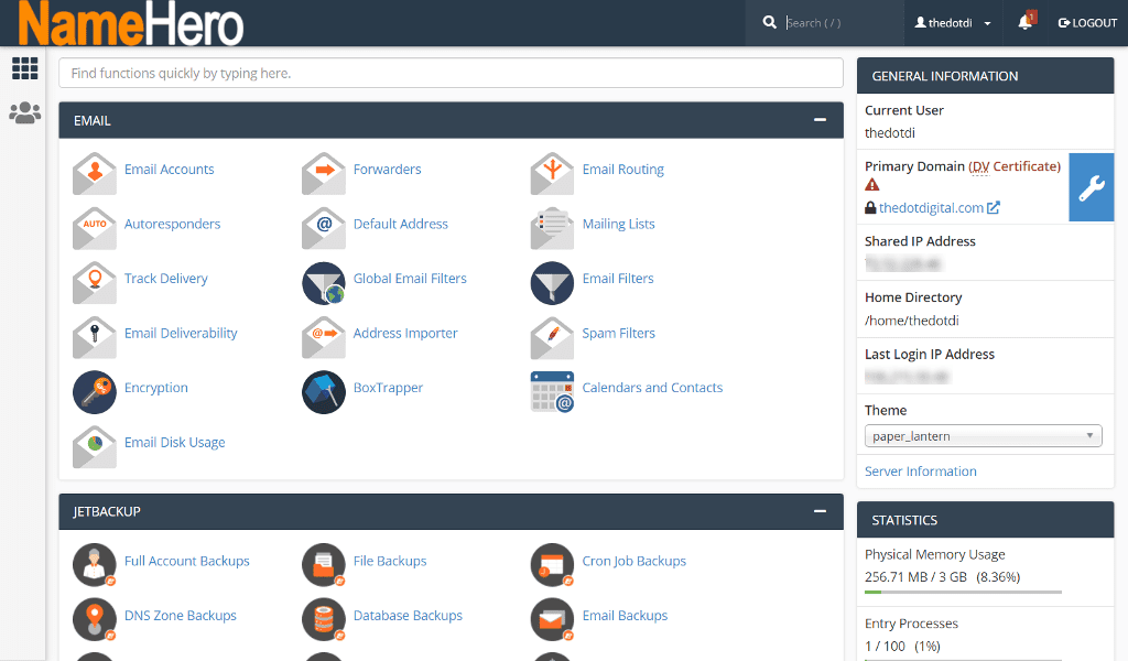 cPanel dashboard