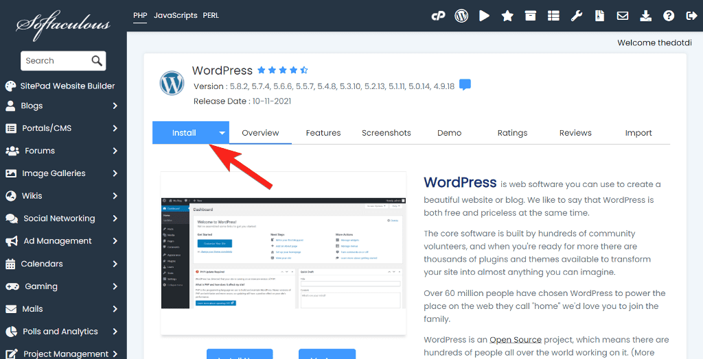 click on Install on Softaculous WordPress Installer
