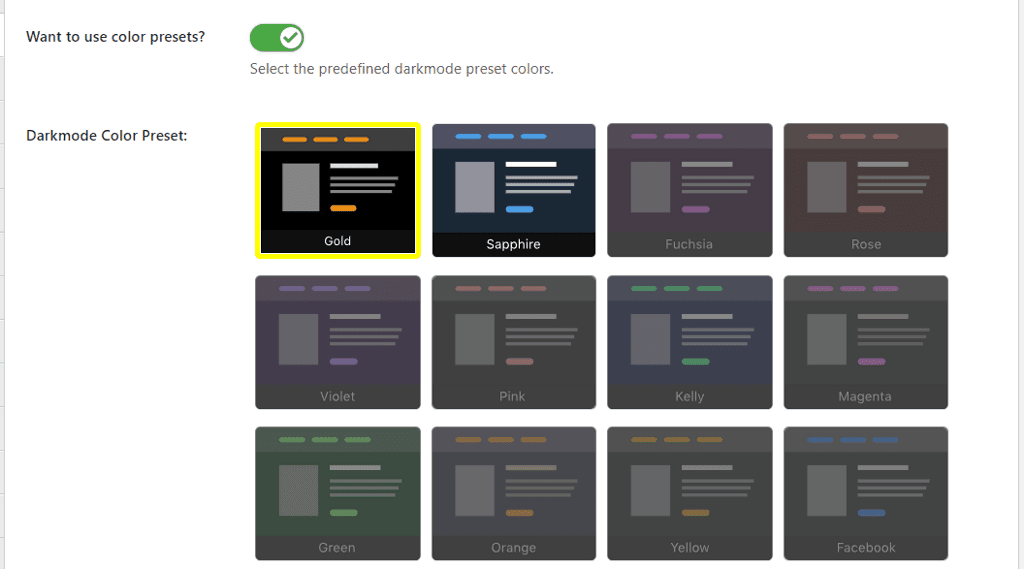 color presets in WP Dark Mode