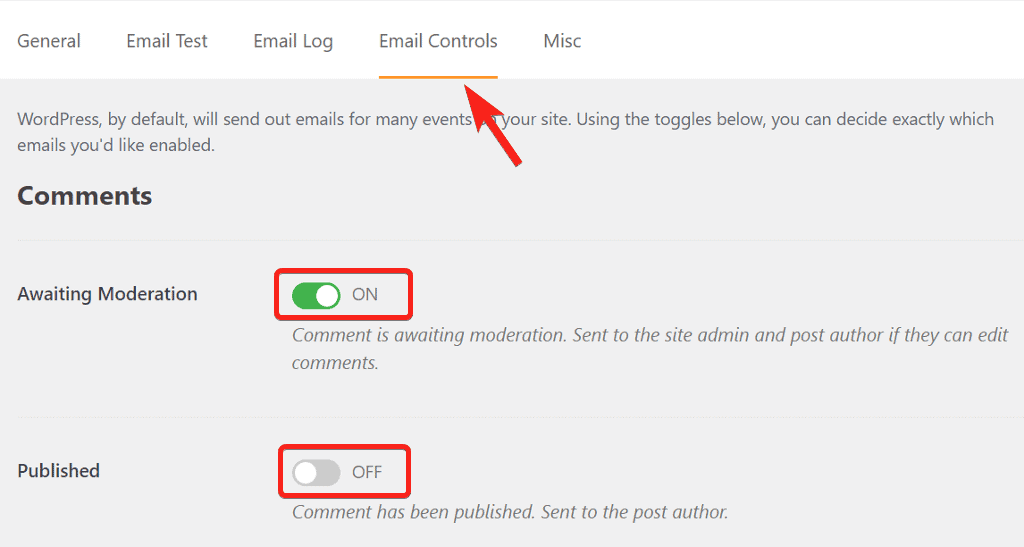 default notifications controls in WP Mail SMTP