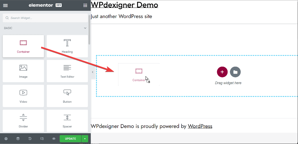 drag container widget into the editor