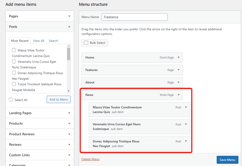 dropdown sub menu in WordPress