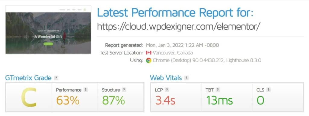 elementor speed test gtmetrix core web vitals