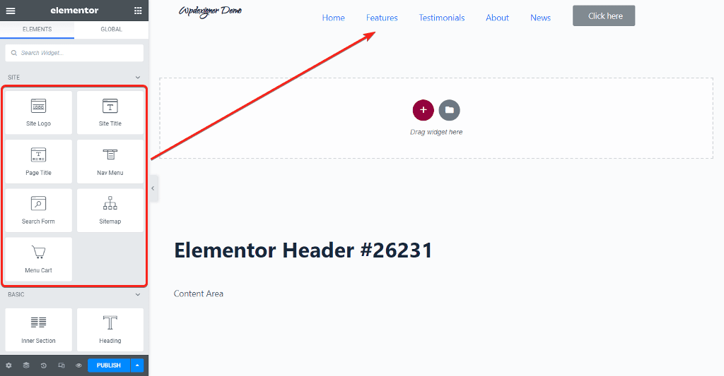 header widgets in elementor theme builder