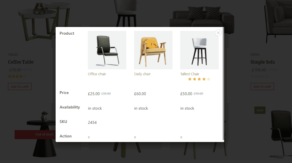 product comparison in popup