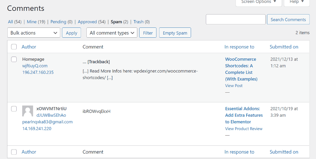 spam comments on WordPress website