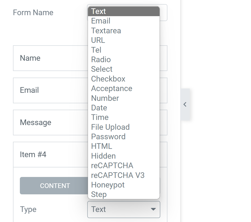 types of fields in Elementor form