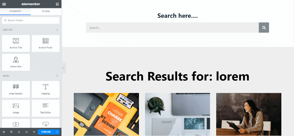 wordpress search result design using elementor theme builder